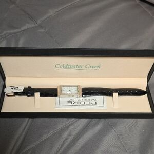 Coldwater Creek Black Leather Watch with Silver Face